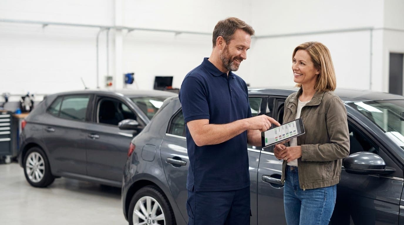 A technician showing a service checklist to a customer beside her car