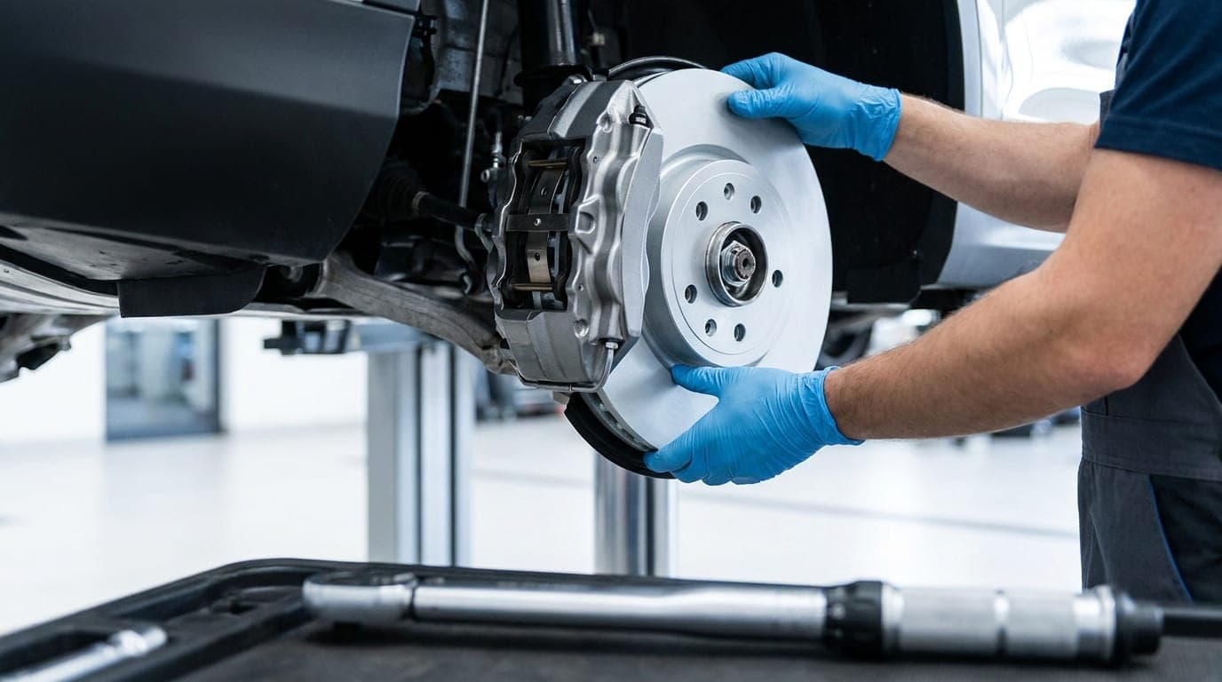 A brake disc and caliper being measured with the wheel removed