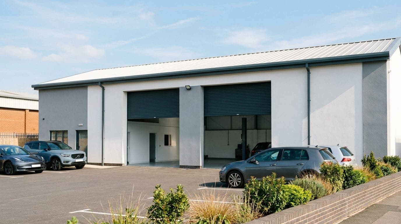 The front of Hambridge AutoWorks on Kiln Lane, with two open roller shutter doors and cars on the forecourt